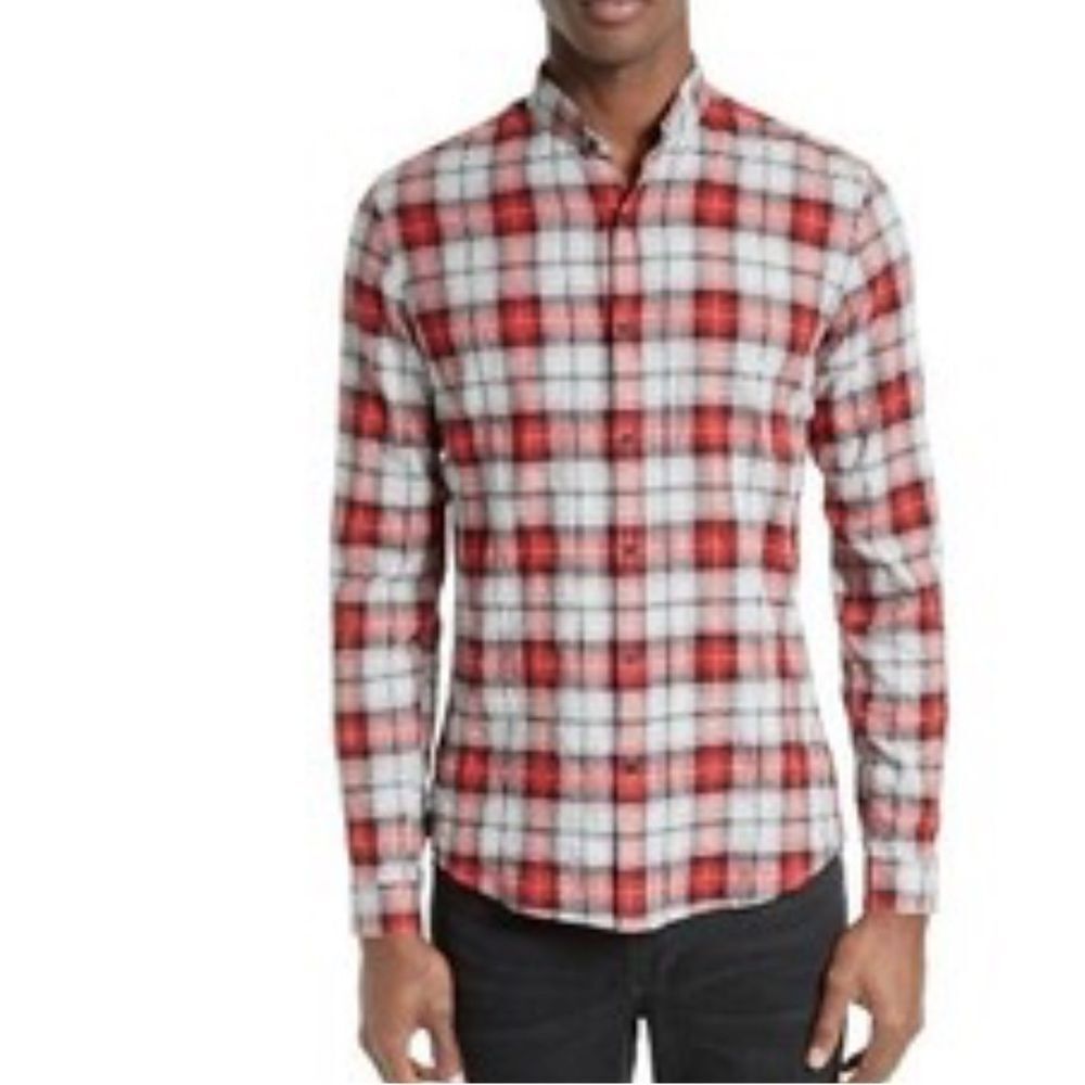 The Kooples Red & White Plaid Long-Sleeve Button-Down Shirt small